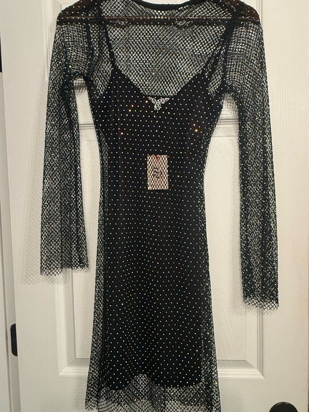 Black Mesh Long-Sleeve Slip Dress with Rhinestone Detail